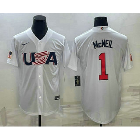 Men USA Baseball #1 Jeff McNeil 2023 White World Classic Stitched Jersey II Men USA Baseball #1 Jeff McNeil 2023 White World Classic Stitched Jersey II