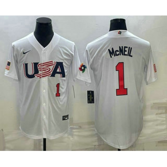 Men USA Baseball #1 Jeff McNeil Number 2023 White World Classic Stitched Jersey 1 Men USA Baseball #1 Jeff McNeil Number 2023 White World Classic Stitched Jersey 1