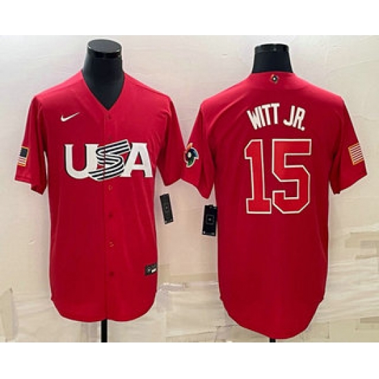 Men USA Baseball 15 Bobby Witt Jr 2023 Red World Baseball Classic Stitched Jersey Men USA Baseball 15 Bobby Witt Jr 2023 Red World Baseball Classic Stitched Jersey