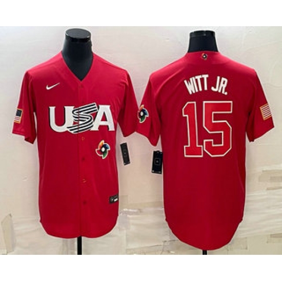 Men USA Baseball #15 Bobby Witt Jr 2023 Red World Baseball Classic Stitched Jerseys Men USA Baseball #15 Bobby Witt Jr 2023 Red World Baseball Classic Stitched Jerseys