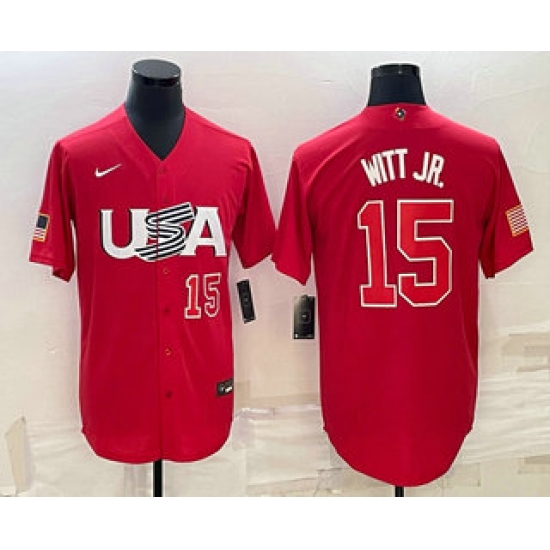 Men USA Baseball #15 Bobby Witt Jr Number 2023 Red World Baseball Classic Stitched Jersey1 Men USA Baseball #15 Bobby Witt Jr Number 2023 Red World Baseball Classic Stitched Jersey1