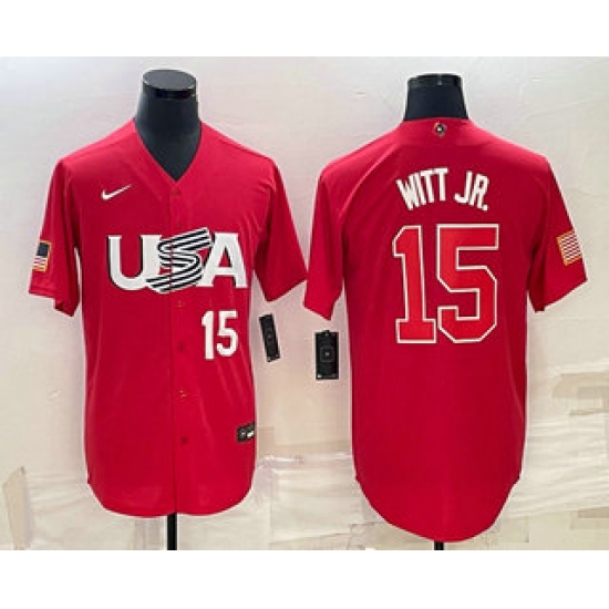 Men USA Baseball #15 Bobby Witt Jr Number 2023 Red World Baseball Classic Stitched Jerseys Men USA Baseball #15 Bobby Witt Jr Number 2023 Red World Baseball Classic Stitched Jerseys
