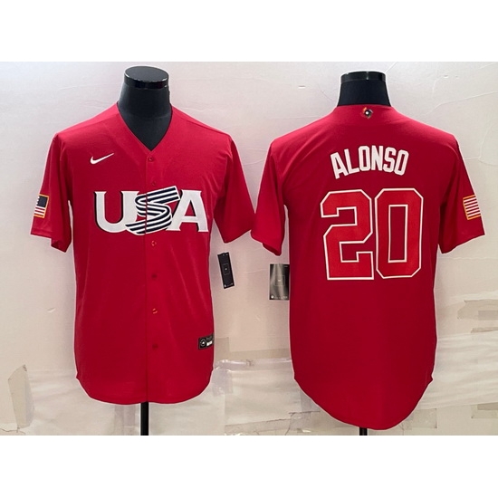 Men USA Baseball 20 Pete Alonso 2023 Red World Baseball Classic Stitched Jersey Men USA Baseball 20 Pete Alonso 2023 Red World Baseball Classic Stitched Jersey