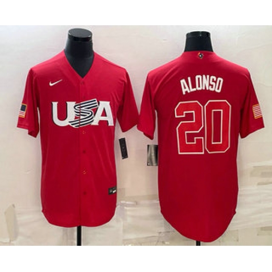 Men USA Baseball #20 Pete Alonso 2023 Red World Classic Stitched Jersey 2 Men USA Baseball #20 Pete Alonso 2023 Red World Classic Stitched Jersey 2