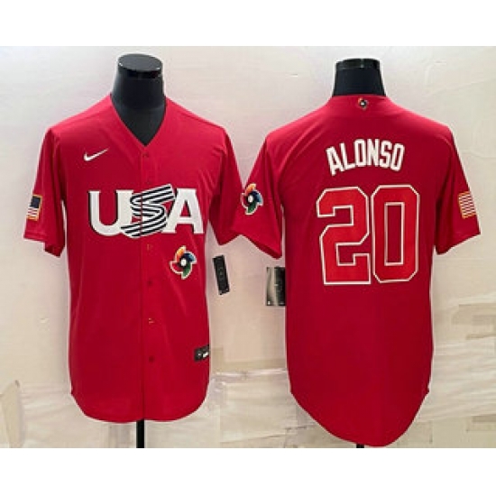 Men USA Baseball #20 Pete Alonso 2023 Red World Classic Stitched Jerseys Men USA Baseball #20 Pete Alonso 2023 Red World Classic Stitched Jerseys