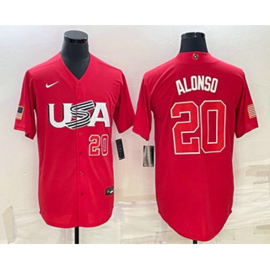 Men USA Baseball #20 Pete Alonso Number 2023 Red World Classic Stitched Jersey 1 Men USA Baseball #20 Pete Alonso Number 2023 Red World Classic Stitched Jersey 1