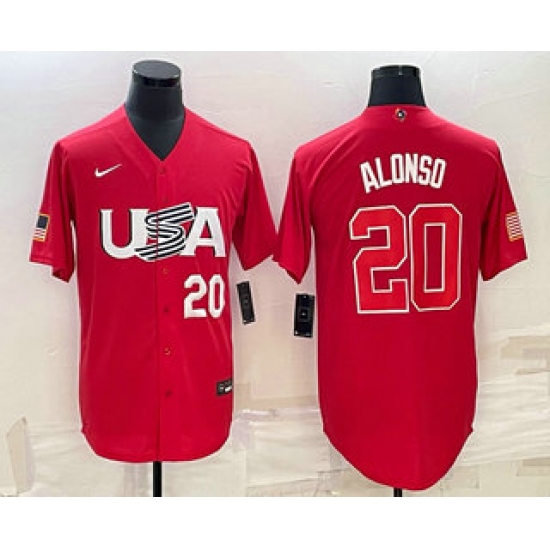 Men USA Baseball #20 Pete Alonso Number 2023 Red World Classic Stitched Jersey 2 Men USA Baseball #20 Pete Alonso Number 2023 Red World Classic Stitched Jersey 2