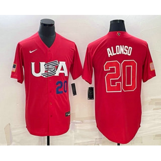Men USA Baseball #20 Pete Alonso Number 2023 Red World Classic Stitched Jersey 3 Men USA Baseball #20 Pete Alonso Number 2023 Red World Classic Stitched Jersey 3
