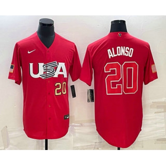 Men USA Baseball #20 Pete Alonso Number 2023 Red World Classic Stitched Jerseys Men USA Baseball #20 Pete Alonso Number 2023 Red World Classic Stitched Jerseys