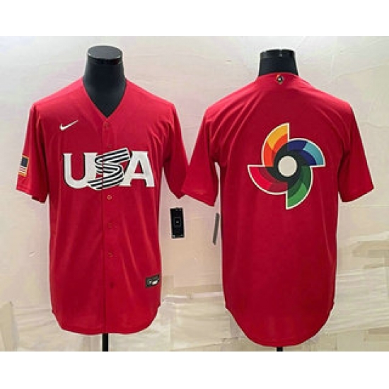 Men USA Baseball 2023 Red World Big Logo With Patch Classic Stitched Jersey I Men USA Baseball 2023 Red World Big Logo With Patch Classic Stitched Jersey I