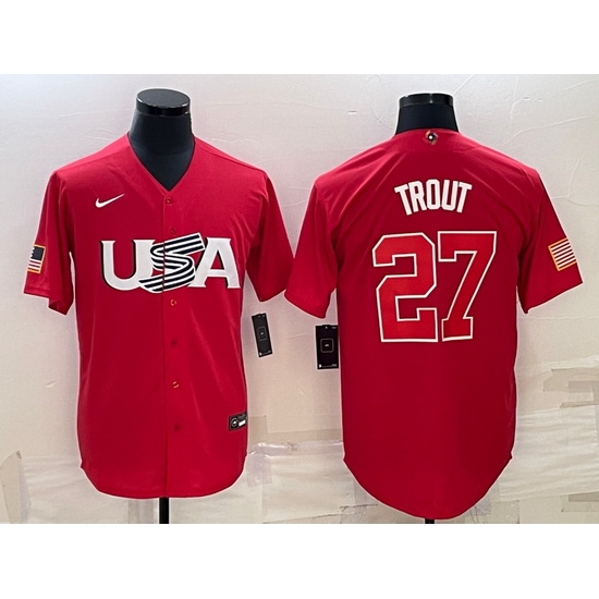 Men USA Baseball 27 Mike Trout 2023 Red World Baseball Classic Stitched Jersey Men USA Baseball 27 Mike Trout 2023 Red World Baseball Classic Stitched Jersey