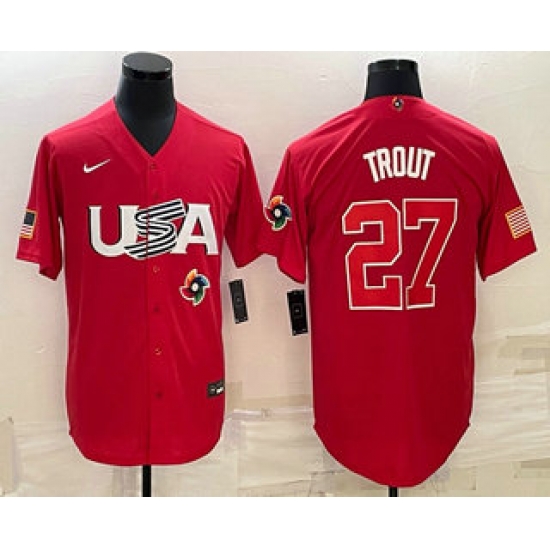 Men USA Baseball #27 Mike Trout 2023 Red World Classic Stitched Jerseys Men USA Baseball #27 Mike Trout 2023 Red World Classic Stitched Jerseys