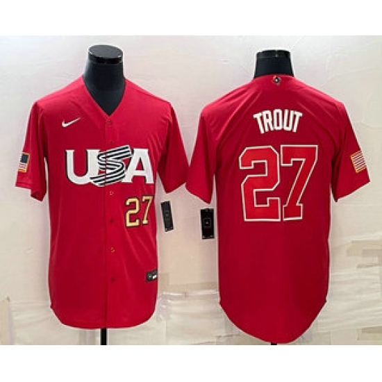 Men USA Baseball #27 Mike Trout Number 2023 Red World Classic Stitched Jersey 1 Men USA Baseball #27 Mike Trout Number 2023 Red World Classic Stitched Jersey 1