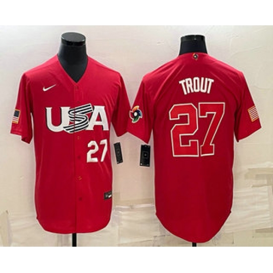 Men USA Baseball #27 Mike Trout Number 2023 Red World Classic Stitched Jersey 2 Men USA Baseball #27 Mike Trout Number 2023 Red World Classic Stitched Jersey 2