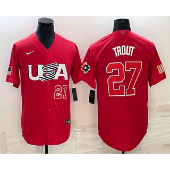 Men USA Baseball #27 Mike Trout Number 2023 Red World Classic Stitched Jersey1 Men USA Baseball #27 Mike Trout Number 2023 Red World Classic Stitched Jersey1