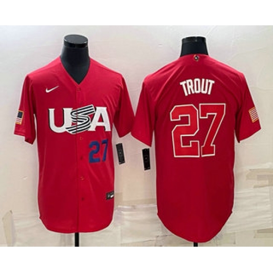 Men USA Baseball #27 Mike Trout Number 2023 Red World Classic Stitched Jerseys Men USA Baseball #27 Mike Trout Number 2023 Red World Classic Stitched Jerseys