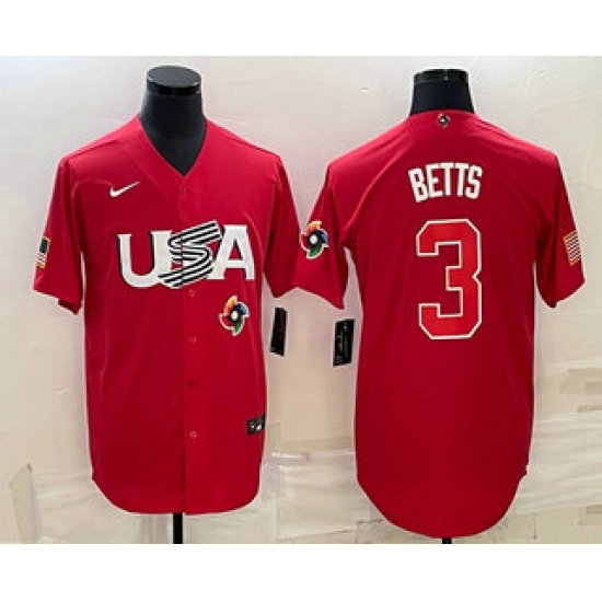 Men USA Baseball #3 Mookie Betts 2023 Red World Classic Stitched Jersey 2 Men USA Baseball #3 Mookie Betts 2023 Red World Classic Stitched Jersey 2