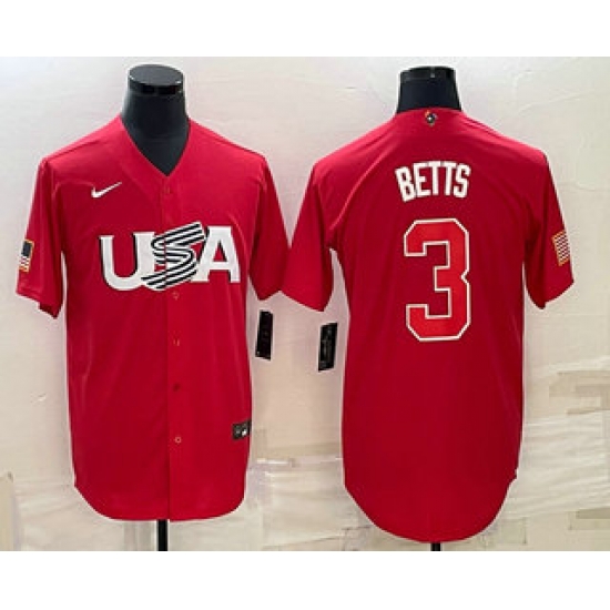 Men USA Baseball #3 Mookie Betts 2023 Red World Classic Stitched Jerseys Men USA Baseball #3 Mookie Betts 2023 Red World Classic Stitched Jerseys