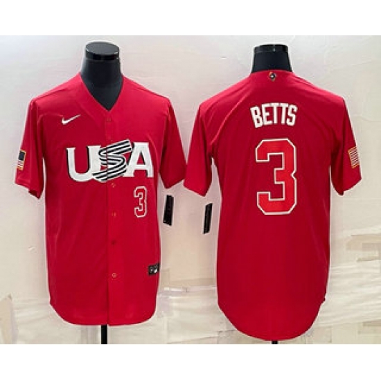 Men USA Baseball #3 Mookie Betts Number 2023 Red World Classic Stitched Jersey 2 Men USA Baseball #3 Mookie Betts Number 2023 Red World Classic Stitched Jersey 2