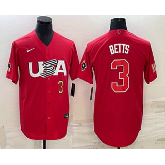 Men USA Baseball #3 Mookie Betts Number 2023 Red World Classic Stitched Jersey Men USA Baseball #3 Mookie Betts Number 2023 Red World Classic Stitched Jersey