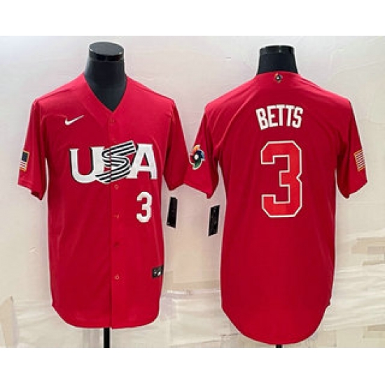 Men USA Baseball #3 Mookie Betts Number 2023 Red World Classic Stitched Jerseys Men USA Baseball #3 Mookie Betts Number 2023 Red World Classic Stitched Jerseys