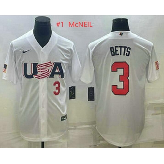 Mens USA Baseball #1 Jeff McNeil Number 2023 White World Baseball Classic Replica Stitched Jersey Mens USA Baseball #1 Jeff McNeil Number 2023 White World Baseball Classic Replica Stitched Jersey