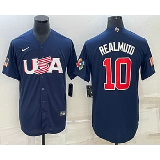 Men's USA Baseball #10 JT Realmuto 2023 Navy World Baseball Classic Stitched Jersey Men's USA Baseball #10 JT Realmuto 2023 Navy World Baseball Classic Stitched Jersey