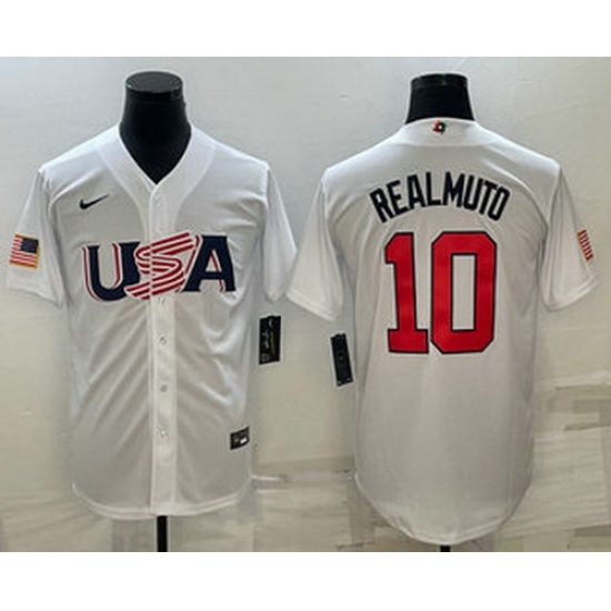 Men's USA Baseball #10 JT Realmuto 2023 White World Baseball Classic Stitched Jersey Men's USA Baseball #10 JT Realmuto 2023 White World Baseball Classic Stitched Jersey