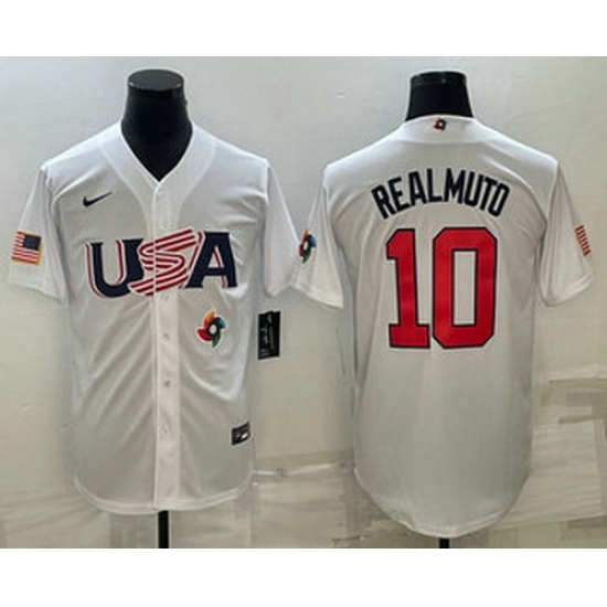 Men's USA Baseball #10 JT Realmuto 2023 White World Baseball Classic Stitched Jerseys Men's USA Baseball #10 JT Realmuto 2023 White World Baseball Classic Stitched Jerseys