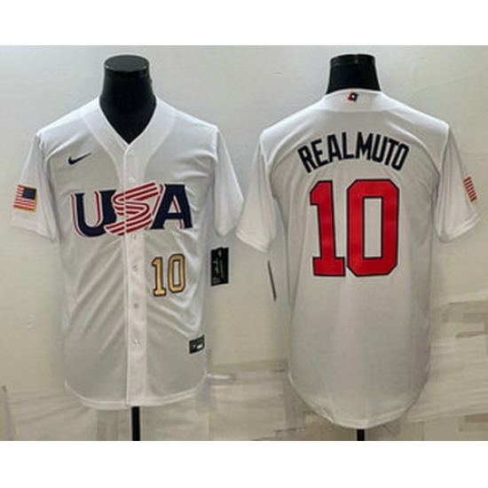 Men's USA Baseball #10 JT Realmuto Number 2023 White World Baseball Classic Stitched Jersey Men's USA Baseball #10 JT Realmuto Number 2023 White World Baseball Classic Stitched Jersey