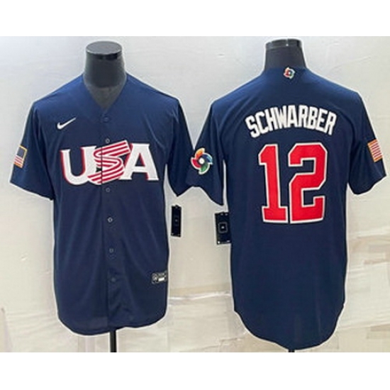 Men's USA Baseball #12 Kyle Schwarber 2023 Navy World Baseball Classic Stitched Jerseys Men's USA Baseball #12 Kyle Schwarber 2023 Navy World Baseball Classic Stitched Jerseys