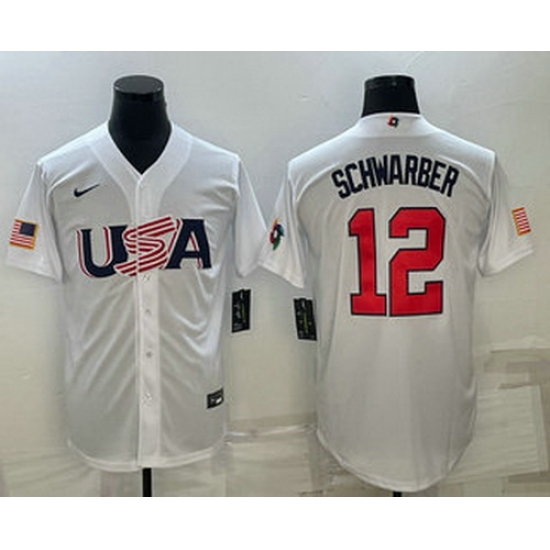 Men's USA Baseball #12 Kyle Schwarber 2023 White World Baseball Classic Stitched Jersey Men's USA Baseball #12 Kyle Schwarber 2023 White World Baseball Classic Stitched Jersey