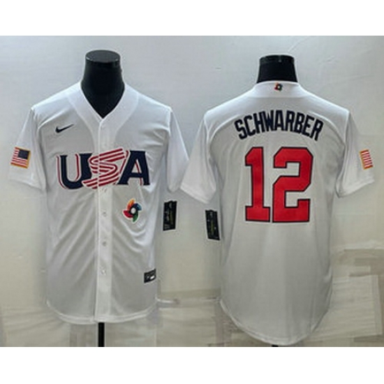 Men's USA Baseball #12 Kyle Schwarber 2023 White World Baseball Classic Stitched Jerseys Men's USA Baseball #12 Kyle Schwarber 2023 White World Baseball Classic Stitched Jerseys