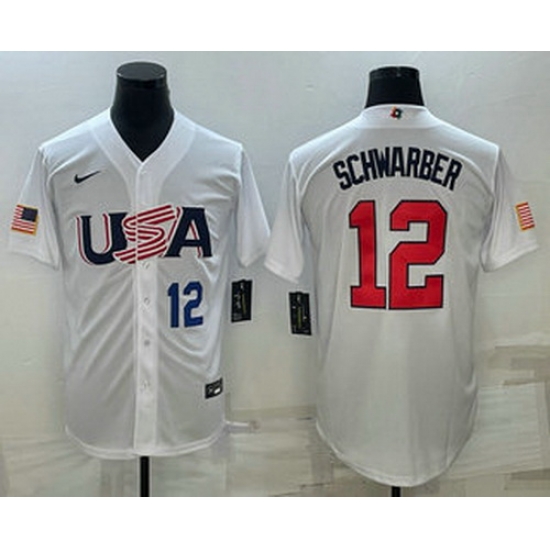 Men's USA Baseball #12 Kyle Schwarber Number 2023 White World Baseball Classic Stitched Jersey Men's USA Baseball #12 Kyle Schwarber Number 2023 White World Baseball Classic Stitched Jersey