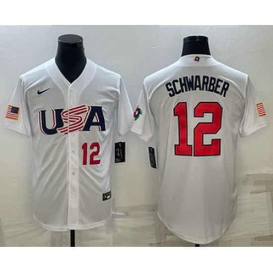 Men's USA Baseball #12 Kyle Schwarber Number 2023 White World Baseball Classic Stitched Jerseys Men's USA Baseball #12 Kyle Schwarber Number 2023 White World Baseball Classic Stitched Jerseys