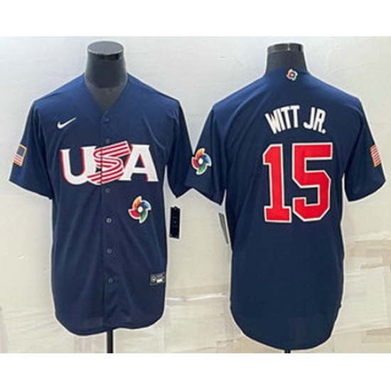 Men's USA Baseball #15 Bobby Witt Jr 2023 Navy World Baseball Classic Stitched Jersey Men's USA Baseball #15 Bobby Witt Jr 2023 Navy World Baseball Classic Stitched Jersey