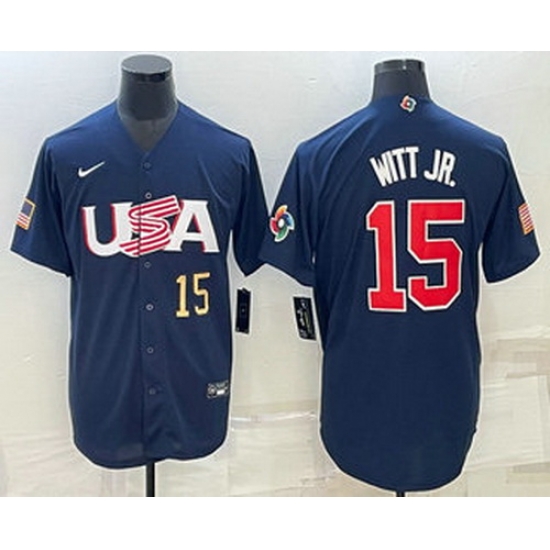Men's USA Baseball #15 Bobby Witt Jr Number 2023 Navy World Baseball Classic Stitched Jersey Men's USA Baseball #15 Bobby Witt Jr Number 2023 Navy World Baseball Classic Stitched Jersey