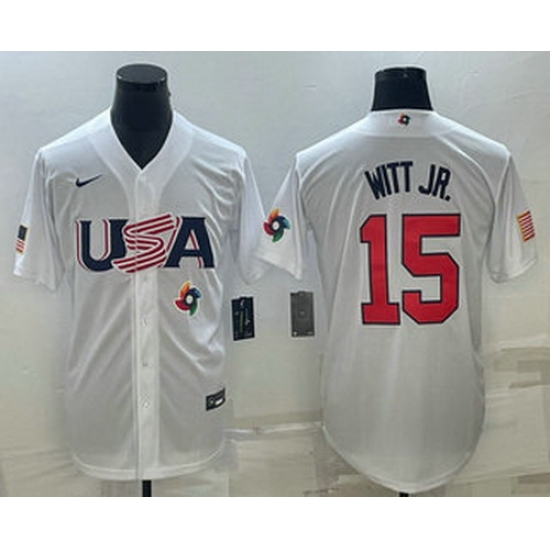 Men's USA Baseball #15 Bobby Witt Jr Number 2023 White World Baseball Classic Replica Stitched Jersey1 Men's USA Baseball #15 Bobby Witt Jr Number 2023 White World Baseball Classic Replica Stitched Jersey1
