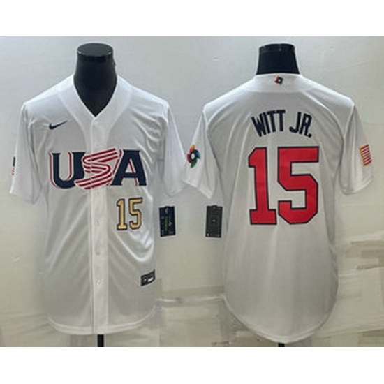 Men's USA Baseball #15 Bobby Witt Jr Number 2023 White World Baseball Classic Replica Stitched Jersey Men's USA Baseball #15 Bobby Witt Jr Number 2023 White World Baseball Classic Replica Stitched Jersey
