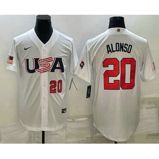 Mens USA Baseball #20 Pete Alonso Number 2023 White World Baseball Classic Stitched Jersey Mens USA Baseball #20 Pete Alonso Number 2023 White World Baseball Classic Stitched Jersey