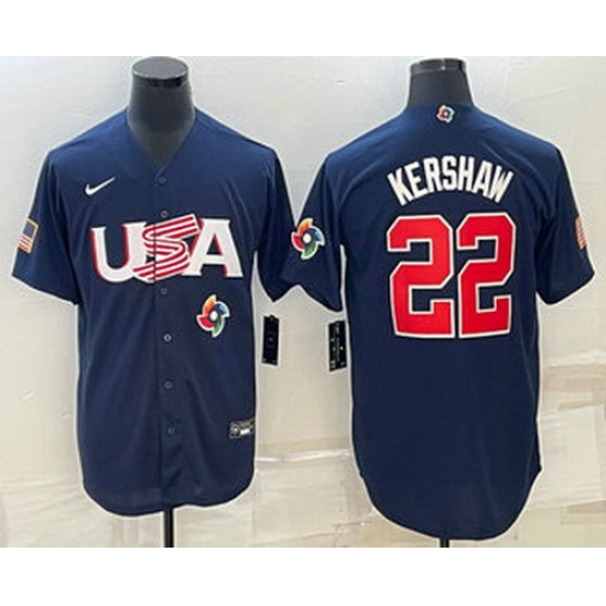Men's USA Baseball #22 Clayton Kershaw 2023 Navy World Baseball Classic Stitched Jerseys Men's USA Baseball #22 Clayton Kershaw 2023 Navy World Baseball Classic Stitched Jerseys
