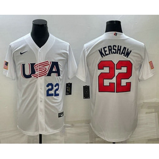 Mens USA Baseball #22 Clayton Kershaw Number 2023 White World Baseball Classic Stitched Jersey Mens USA Baseball #22 Clayton Kershaw Number 2023 White World Baseball Classic Stitched Jersey