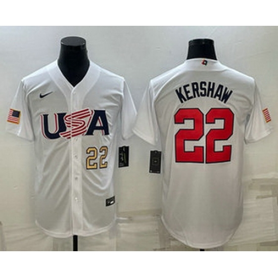 Men's USA Baseball #22 Clayton Kershaw Number 2023 White World Baseball Classic Stitched Jerseys Men's USA Baseball #22 Clayton Kershaw Number 2023 White World Baseball Classic Stitched Jerseys