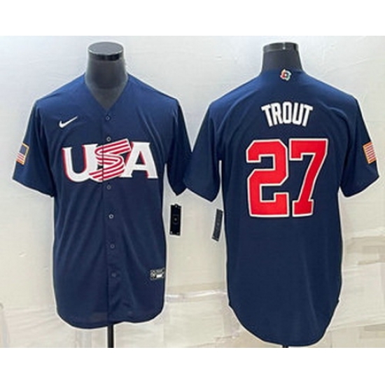 Men's USA Baseball #27 Mike Trout 2023 Navy World Baseball Classic Stitched Jerseys Men's USA Baseball #27 Mike Trout 2023 Navy World Baseball Classic Stitched Jerseys