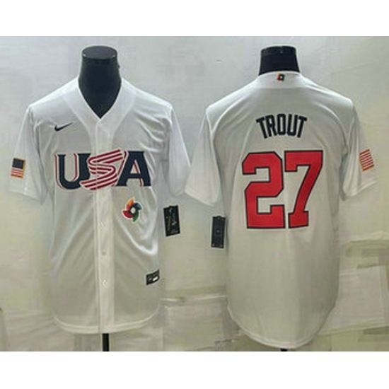 Men's USA Baseball #27 Mike Trout 2023 White World Baseball Classic Replica Stitched Jersey Men's USA Baseball #27 Mike Trout 2023 White World Baseball Classic Replica Stitched Jersey