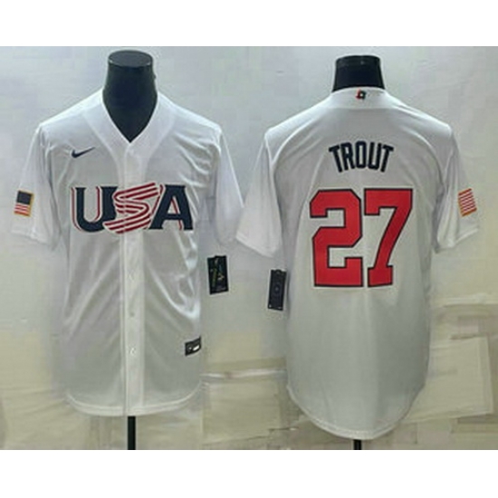 Men's USA Baseball #27 Mike Trout 2023 White World Baseball Classic Replica Stitched Jerseys Men's USA Baseball #27 Mike Trout 2023 White World Baseball Classic Replica Stitched Jerseys