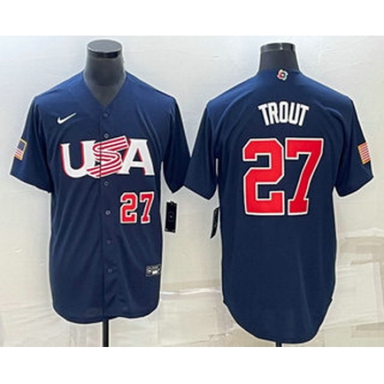 Men's USA Baseball #27 Mike Trout Number 2023 Navy World Baseball Classic Stitched Jerseys Men's USA Baseball #27 Mike Trout Number 2023 Navy World Baseball Classic Stitched Jerseys