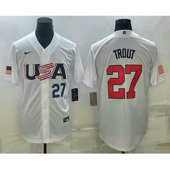 Mens USA Baseball #27 Mike Trout Number 2023 White World Baseball Classic Replica Stitched Jersey Mens USA Baseball #27 Mike Trout Number 2023 White World Baseball Classic Replica Stitched Jersey