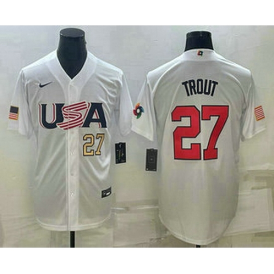 Men's USA Baseball #27 Mike Trout Number 2023 White World Baseball Classic Replica Stitched Jerseys Men's USA Baseball #27 Mike Trout Number 2023 White World Baseball Classic Replica Stitched Jerseys