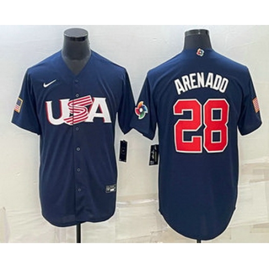 Men's USA Baseball #28 Nolan Arenado 2023 Navy World Baseball Classic Stitched Jersey Men's USA Baseball #28 Nolan Arenado 2023 Navy World Baseball Classic Stitched Jersey